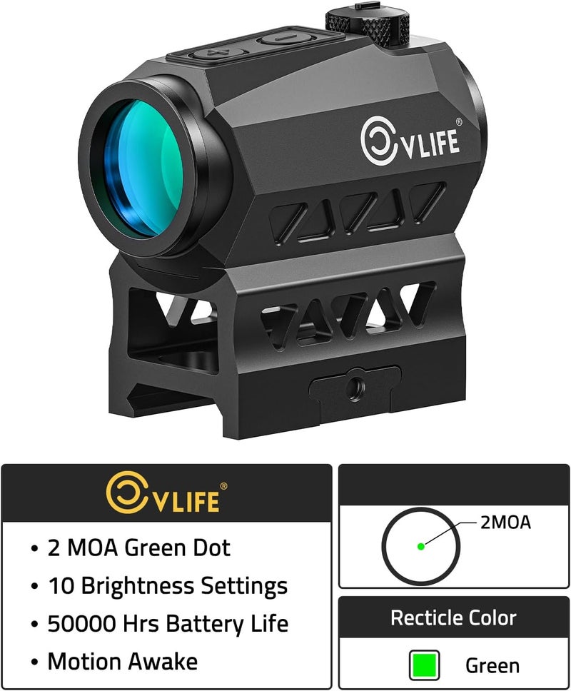 CVLIFE JackalHowl Red Dot Sight,1x20mm 2MOA Red dot Motion Awake Red Dot Scope Compact Red Dot Optics with Co-Witness Riser and Low-Profile Mount,10 Brightness Button Settings - Image 3